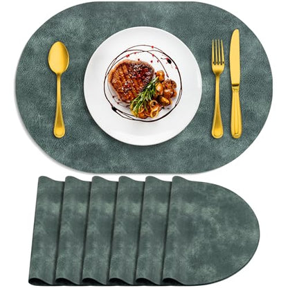 ADRIMER Oval Placemats Set of 6, Wipeable Faux Leather, Blue & Green - color: Blue & Green