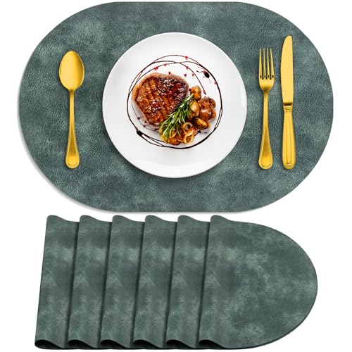 ADRIMER Oval Placemats Set of 6, Wipeable Faux Leather, Blue & Green - color: Blue & Green