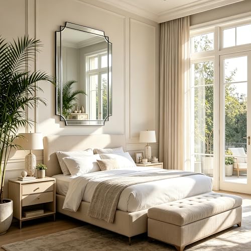 48"x31.6" Large Rectangle Beveled Mirror with Black Wood Frame - color: Black, size: 48"L x 31.6"W
