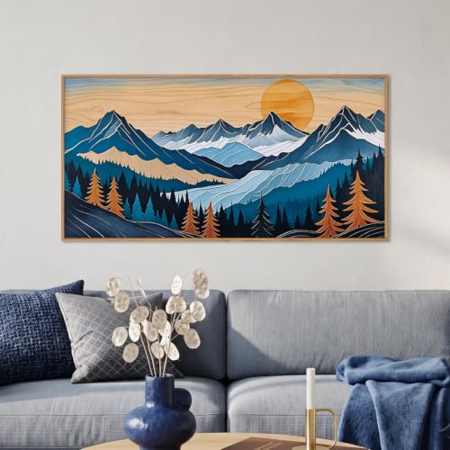 Celestdeco Boho Vintage Mountain Framed Canvas Wall Art Set, Blue Abstract Ridge Wall Decor,Woodcut Pine Tree Landscape Wall Painting,Sunrise Forest Art Print for Living Room,Bedroom,Office-20 X40 - color: Blue Woodcut Mountain Wall Art, size: 40"L x 20"W