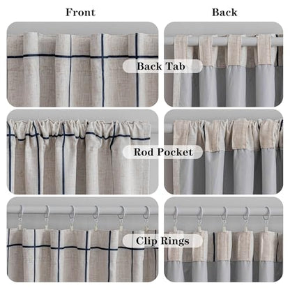 MYSKY HOME 100% Blackout Navy Blue Plaid Linen Curtains 63 Inches Long Windowpane Pattern Double Layer Farmhouse Thermal Insulated Drapes with Rod Pocket Back Tab for Bedroom, 2 Pcs, 52" Wide - color: Navy Blue, size: 52"W x 63"L (Pack of 2)