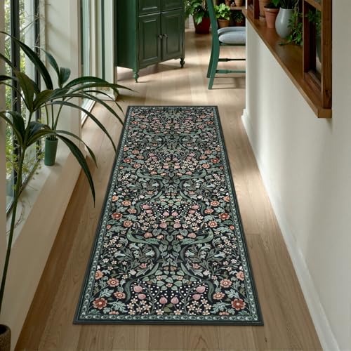 Lahome Dark Floral 2x6 Runner Rug, Washable Botanical Kitchen Runner Rug - color: Black, size: 2' x 6'