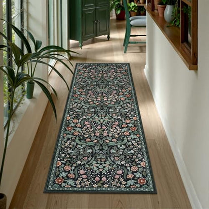 Lahome Dark Floral 2x6 Runner Rug, Washable Botanical Kitchen Runner Rug - color: Black, size: 2' x 6'