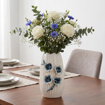 White Flower Vase, Boho Ceramic Vase for Living Room, 9 Inch - color: White and Dark Blue, size: 9 inch