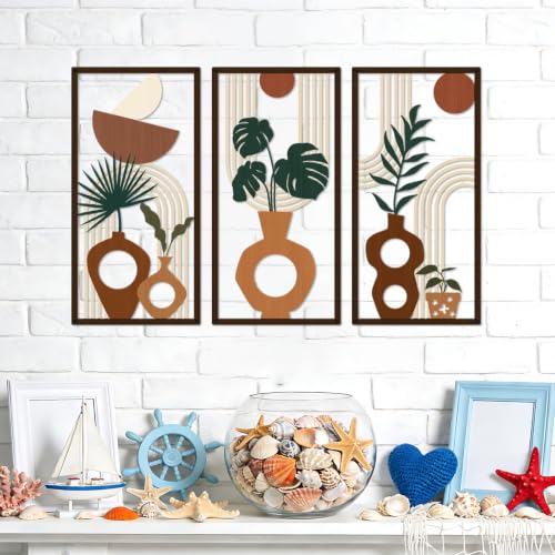 3 Pcs Boho Metal Wall Art, Mid Century Abstract Plant Vase Wall Decor - color: Earthy Tone