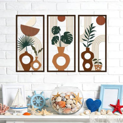 3 Pcs Boho Metal Wall Art, Mid Century Abstract Plant Vase Wall Decor - color: Earthy Tone