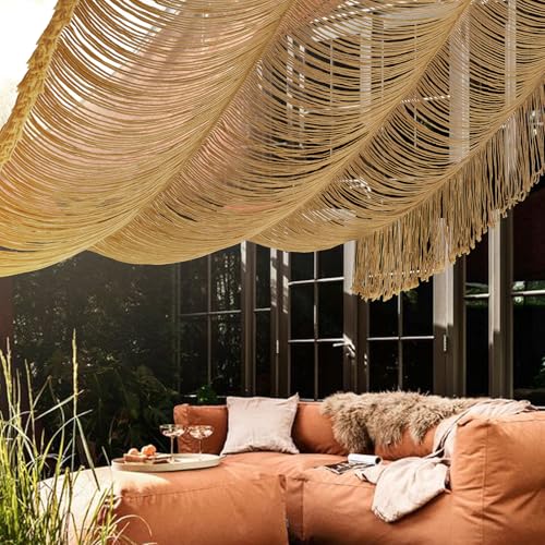 Macrame Curtain Boho Handmade Fiber Art Khaki Window Decor Yarn 59" W*75" L - color: Khaki