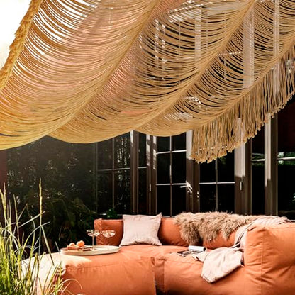 Macrame Curtain Boho Handmade Fiber Art Khaki Window Decor Yarn 59" W*75" L - color: Khaki