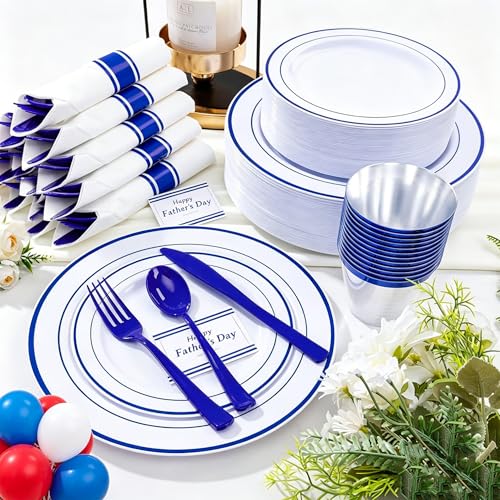 WELLIFE 210 Piece Blue Disposable Dinnerware Set,Plastic Plates for Party, Include: 30 Dinner Plates, 30 Dessert Plates, 30 Pre Rolled Napkins with Gold Silverware and 30 Gold Cups - color: Blue, style: 210PCS（30 Guests）