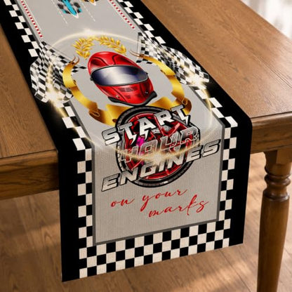 Race Car Table Runner Linen Checkered Racing Birthday Party Decor 72 inch - color: Grey