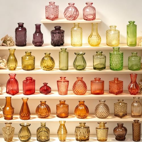 42 Pcs Colored Glass Vases in Bulk,42 Styles of Assorted Vintage Bud Vases