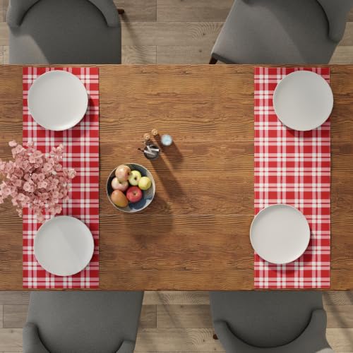 Encasa XO Table Runner, Woven Cotton Dining Linens 13"x36" Red - color: Franca Red Checks, size: 13x36 in