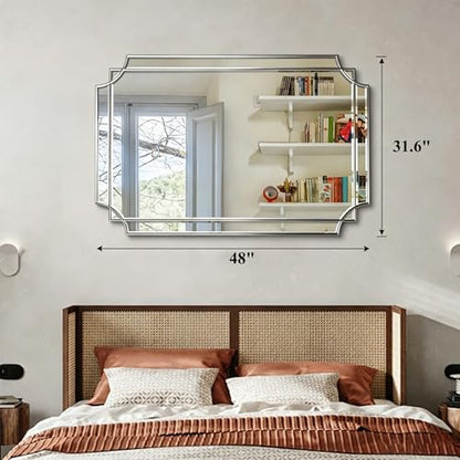 48"x31.6" Rectangle Beveled Mirror with Silver Geometric Frame - color: Silver, size: 48"L x 31.6"W