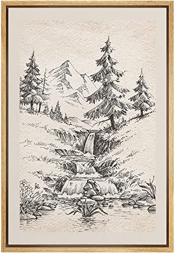 IDEA4WALL Framed Canvas Print Wall Art River Rapid & Pine Tree Forest Nature Wilderness Illustrations Fine Art Decorative Elements Farmhouse/Country for Living Room, Bedroom, Office - 16"x24" Natural - color: B09-2210-win11, size: 24"L x 16"W