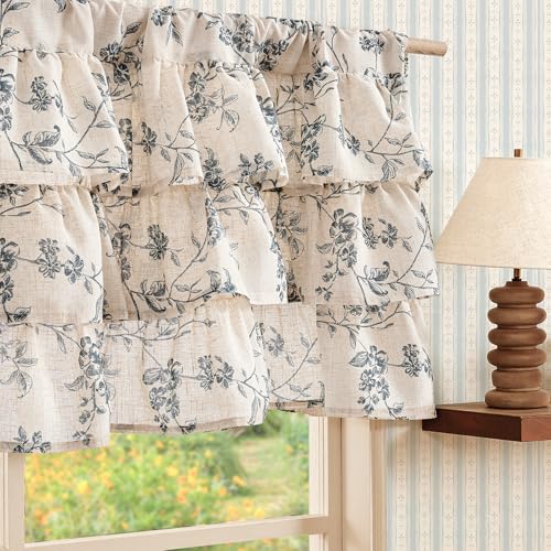jinchan Alisa Ruffled Floral Valance Curtain 18 Inch 1 Panel Blue on Linen - color: Alisa Blue on Linen
