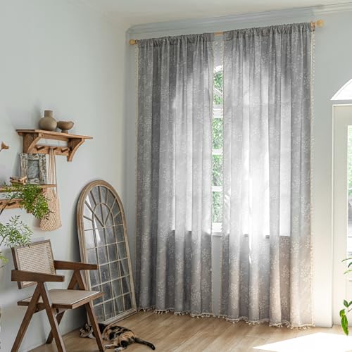 ENJOYBRIDAL Floral Curtains 84 Inch Long Grey Light Filtering Drapes Rod Pocket Bedroom Living Room Semi Sheer Window Curtains 2 Panel Sets Floor Length Farmhouse Boho Cute Window Treatments - color: Floral02, size: 52"W x 84"L (Pack of 2)