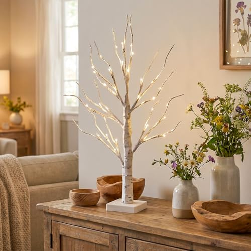 Vanthylit Lighted Tree, White Birch Tree with LED Lights, Prelit Artificial Tree with Timer, Centerpiece Tree Light for Christmas Decorations, Light Up Tabletop Tree Home Decor (2 FT, Warm White) - size: 2ft