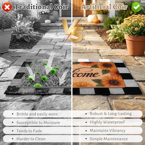 2-Piece Layered Welcome Mat Set - Coir Doormat & Buffalo Plaid Rug - color: Floral Sunflower