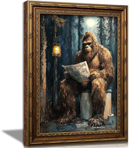 Vintage Gold Framed Bigfoot Wall Art Funny Bathroom Picture Wall Decor Bigfoot Goes To Toilet In The Forest Painting Prints for Bathroom Toilet Lavatory Home Decor - color: Bigfoot, size: 16"L x 12"W