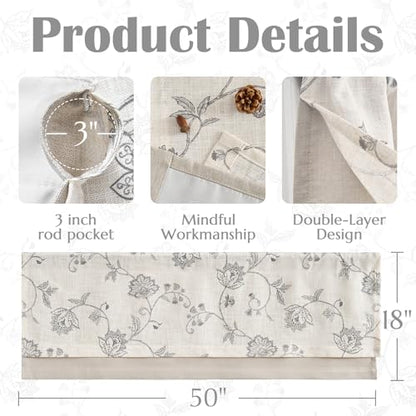 jinchan Linen Floral Valance Farmhouse 18 Inch 1 Panel Grey on Linen - color: Floral Grey on Linen
