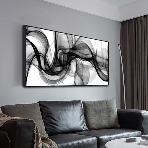 Abstract Wall Art for Bedroom, Black and White Canvas Wall Decor for Living Room, Smoke Picture Print, Size 48 x 24 Inches Framed - color: ABSTRACT-44[F], size: 48L" x 24W"