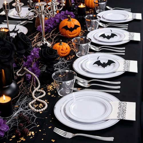 WELLIFE 700 Pieces Silver Plastic Dinnerware Set for 100 Guests - Includes Plates, Cups, Napkins, and Disposable Cutlery - Elegant White & Silver Design, Perfect for Parties and Events - color: Silver, style: 700PCS（100Guests）
