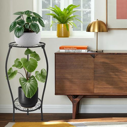Metal Plant Stand 2 Tier Indoor Outdoor, Tall Flower Pot Shelf Rustproof Stable Corner Stand, 25.2 inch Multiple Plant Display Rack for Living Room Patio Balcony Garden
