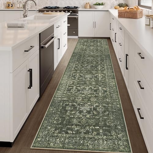 2.6x10 Washable Kitchen Runner Rug Soft Retro Dark Green Throw Carpet - color: Dark Green, size: 2.6' x 10' (Runner)