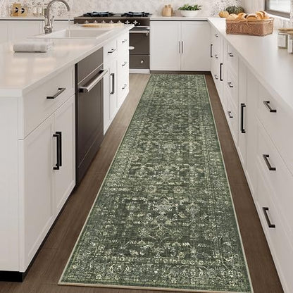 2.6x10 Washable Kitchen Runner Rug Soft Retro Dark Green Throw Carpet - color: Dark Green, size: 2.6' x 10' (Runner)