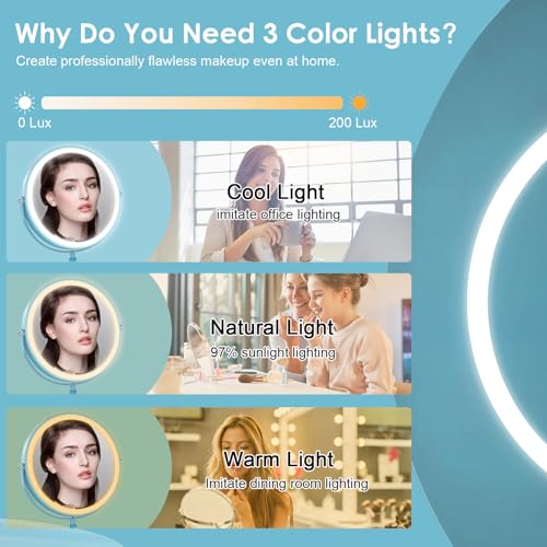 DEIOVWXS Makeup Mirror, Rechargeable Vanity Mirror with 3 Lights, 1X/10X - color: Sky Blue