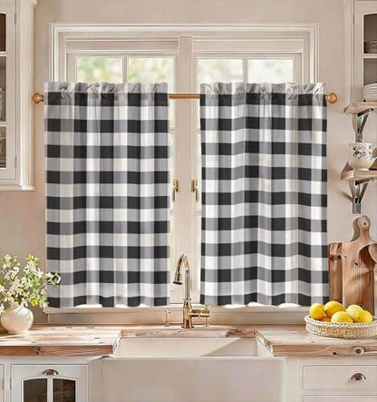 Miss Adola 36 Inch Length Kitchen Tier Curtains, Black Plaid - color: Black Plaid, size: 28"W x 36"L (Pack of 2)