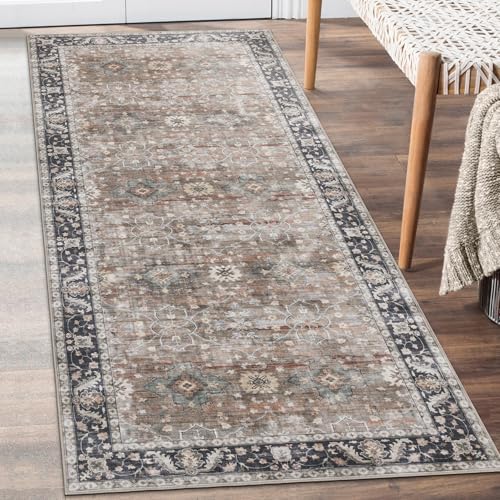 ReaLife Rugs Machine Washable Area Rug Runner - Living Room Bedroom Bathroom Kitchen Entryway - Padded Low Pile Stain Resistant Premium - Boho Farmhouse Vintage - BEV - Beige Tan Brown 2'6" x 8' - color: Bev - Beige Tan Brown, size: 2'6" x 8' (Rectangular