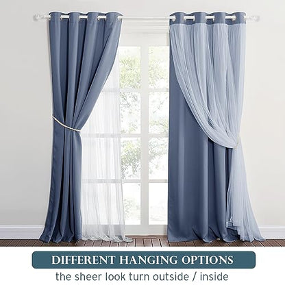 PONY DANCE Dusty Blue Blackout Curtains with White Sheer for Girls Bedroom - color: Blue Haze, size: 52"W x 72"L (Pack of 2)