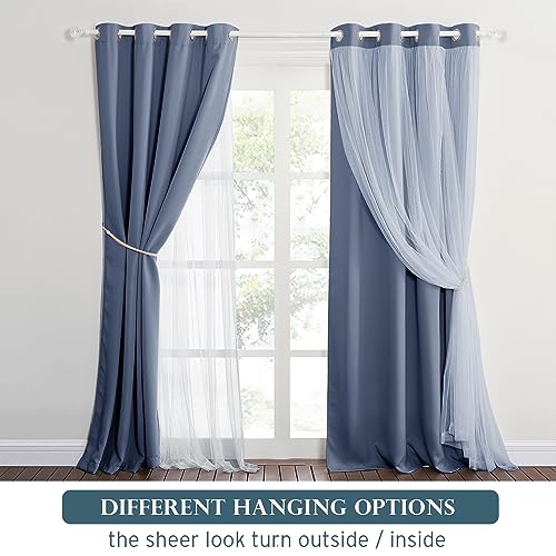 PONY DANCE Dusty Blue Blackout Curtains with White Sheer for Girls Bedroom - color: Blue Haze, size: 52"W x 84"L (Pack of 2)