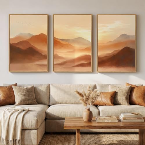 Framed Orange Abstract Mountain Wall Art for Living Room, 3 Piece, 24x36 In - color: Orange, size: 24" W x 36" H x 3Pcs