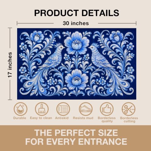 Blue Boho Bird Floral Faux Coco Coir Doormat Door Mat 17x30 Inch - color: Boho