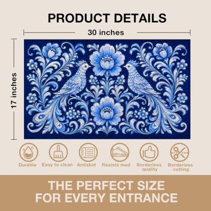 Blue Boho Bird Floral Faux Coco Coir Doormat Door Mat 17x30 Inch - color: Boho