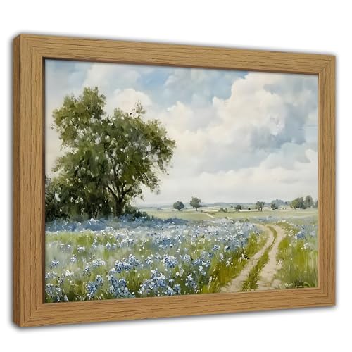Kownzev Blue Landscape Wall Art, Vintage Framed Farmhouse Canvas 8x10 - color: Blue Green White Beige Natural Wood, size: 10"L x 8"W