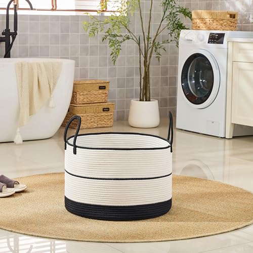 KAKAMAY Large Blanket Basket with Handles, Storage Basket for Living Room - color: Black and Beige