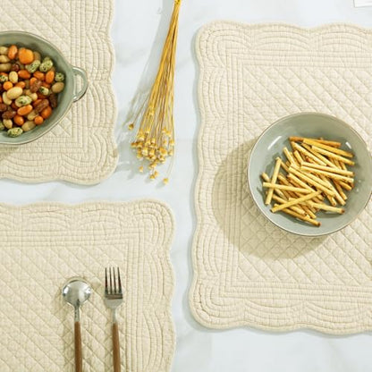 HOMBYS Quilted Placemats Set of 6 Washable-13x18 inches Rectangular Placemats for Kitchen Table-100% Cotton Fabric Rectangular Table Mats, (Flax) - color: Flax