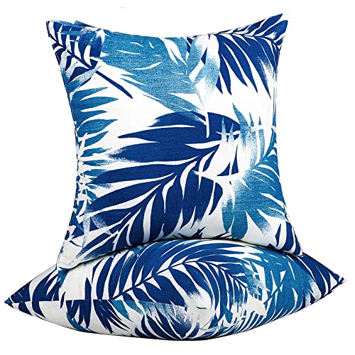 JMGBird Outdoor Pillows Waterproof Outdoor Pillow Covers with Inserts - color: Blue Palm Leaves