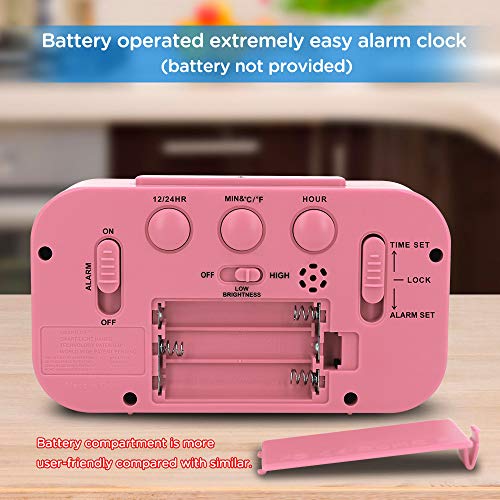 Peakeep Night Light Digital Alarm Clock Battery Operated Indoor Temperature - color: Pink
