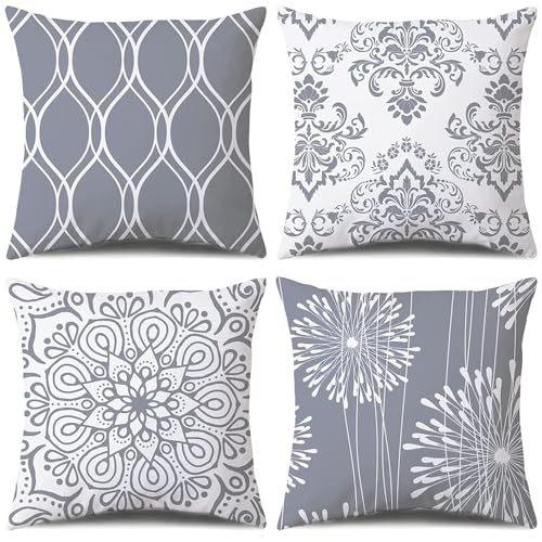 Coliuso Decorative Throw Pillow Covers 18x18 Set of 4, Grey and White Modern Simple Square Pillow Case Cushion Cover for Sofa Couch Farmhouse Outdoor Living Room (Gray and White, 18" x18") - color: Gray and White, size: 18" x 18" (Pack of 4)