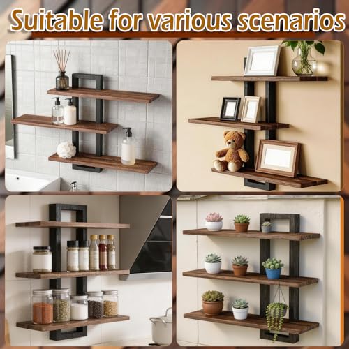 2 Pack 23 Inch Wood Floating Shelves for Wall Decor, 3 Tier Rustic Brown and Black Decorative Hanging Storage Display Wall Shelf for Bathroom Living Room Bedroom Kitchen Home Office (2, Rectangular)