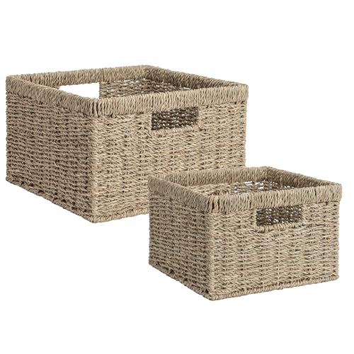 StorageWorks Wicker Storage Baskets for Shelves, Seagrass Baskets, 2-Pack - color: Natural (Seagrass), size: 11½"L x 11½"W x 7"H + 9¾"L x 9¾"W x 6½"H