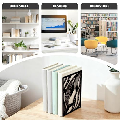 Peacoblue 5.3"x4.3"x7.9" Metal Bookends, Heavy Duty Book Ends for Shelves - style: Whales in the Ocean