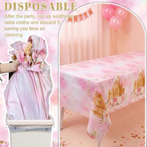 3 Pack Princess Tablecloths, Disposable Pink Rose Castle Themed Table Cloth - color: Rose Castle