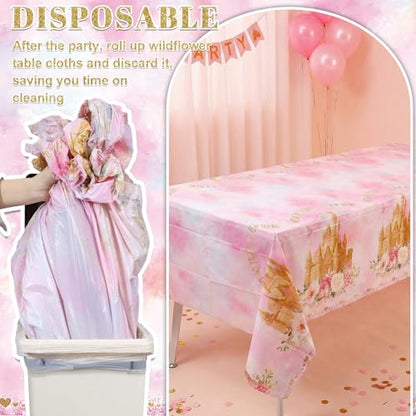 3 Pack Princess Tablecloths, Disposable Pink Rose Castle Themed Table Cloth - color: Rose Castle