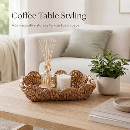 Coeusy Set of 2 Paper Rope Scalloped Baskets, Cute Wicker Basket Natural - color: Neutral
