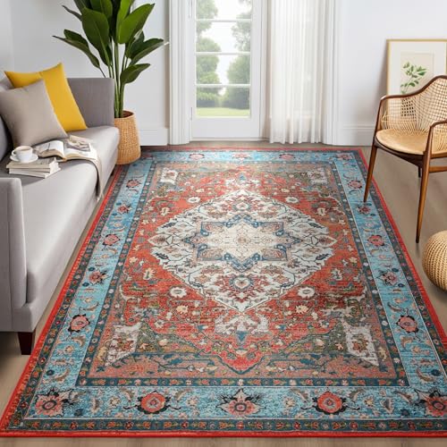 YJ.GWL Large Area Rug for Living Room, 5x7 Machine Washable Boho Rug for Bedroom, Low Pile Lightweight Thin Rugs Floral Vintage Distress Print Pattern Carpet for Dining Room, Red/Blue - color: Red/Blue, size: 5' x 7' (Rectangular)